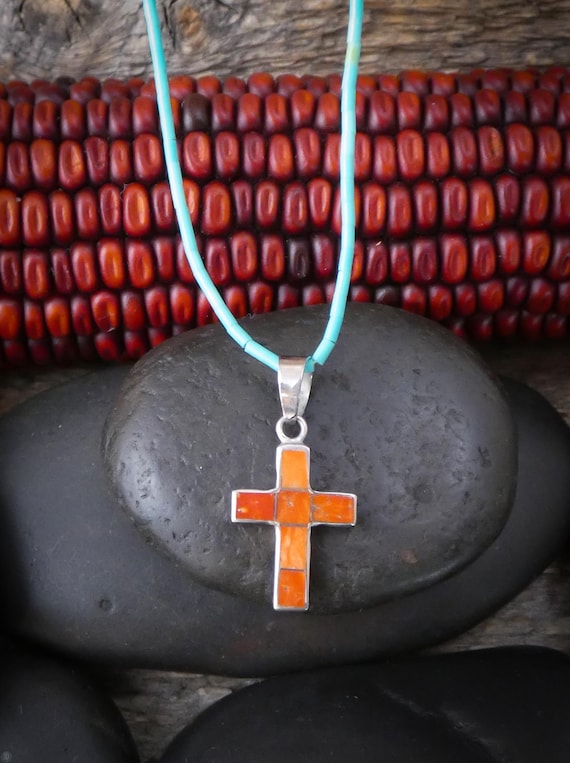 Navajo Coral Cross: Sterling Silver Pendant w/ Turquoise Bead Necklace