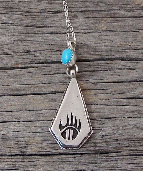Native American Navajo Silver Turquoise Bear Paw Pendant 18" Chain
