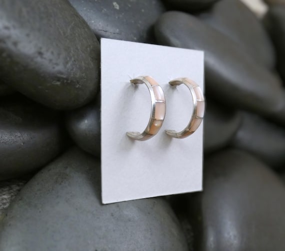 Zuni Native American Sterling Silver Mussel Shell Hoop Post Earrings for Women