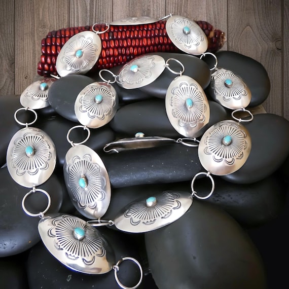 Turquoise Navajo Concho Belt: Vintage Native American Sterling Silver Adjustable Link Concho