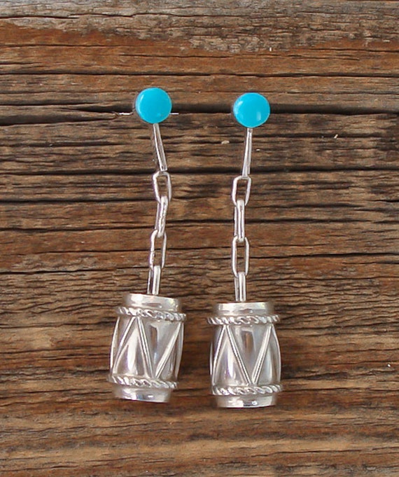 Zuni Turquoise Silver 3D Drum Dangle Earrings / Si