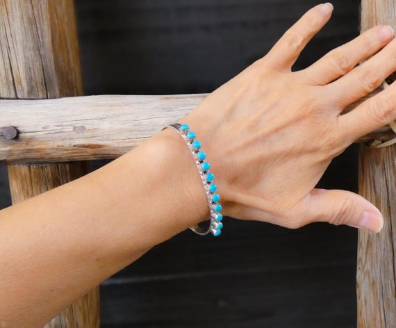 Zuni Turquoise Row Bracelet: Vintage Native American Sterling Silver Cuff