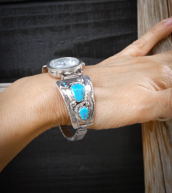 Original Vintage Zuni Effie Calavaza Silver Turquoise Native American Watch For Women