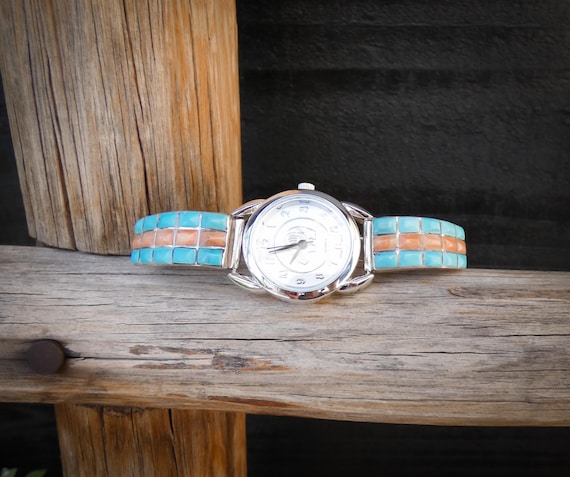 Zuni Sterling Silver Turquoise Rose Coral Inlay Women's Watch Band