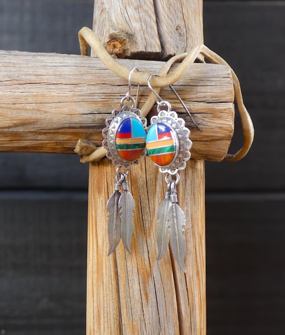 Navajo Turquoise Multi Inlay Sterling Silver Feather Dangle Earrings