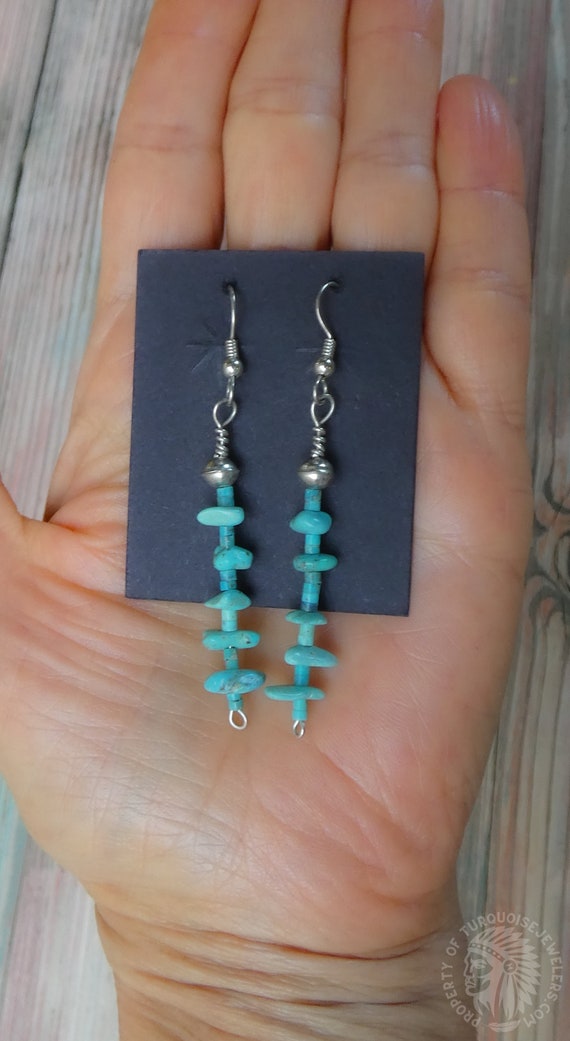 Native American Navajo Turquoise Nugget Bead Dangle Earrings, Handmade Jewelry Gift For Her