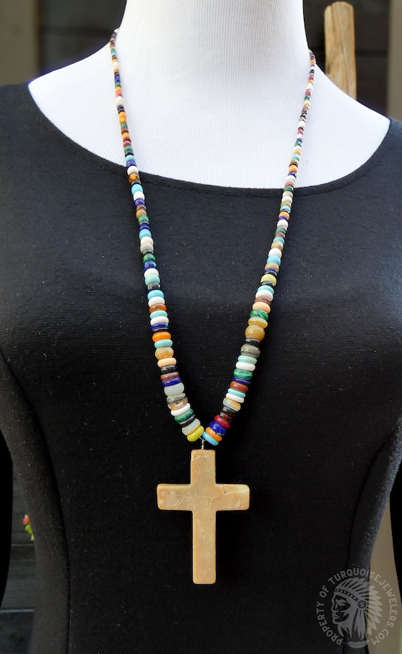 Native American Vintage Navajo Multi Stone Bead Necklace w/ Reversible Mother of Pearl Cross 29 inch, Handmade Gift