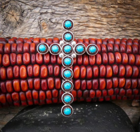 Zuni Turquoise Cross Pendant Pin: Sterling Silver Native American Religious Gifts