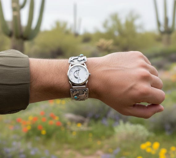 Turquoise Watch for Men: Navajo Sterling Silver Petroglyph Cave