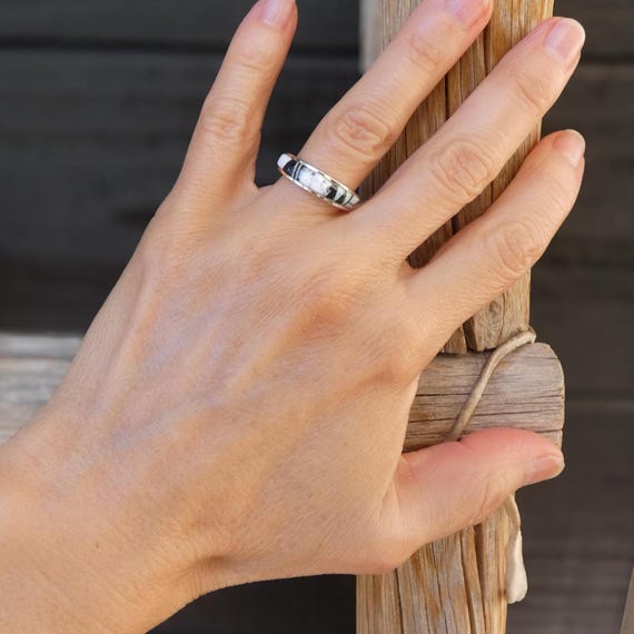 Native American Silver Band Ring Navajo White Buffalo Onyx Opal Wedding Band Multiple Sizes