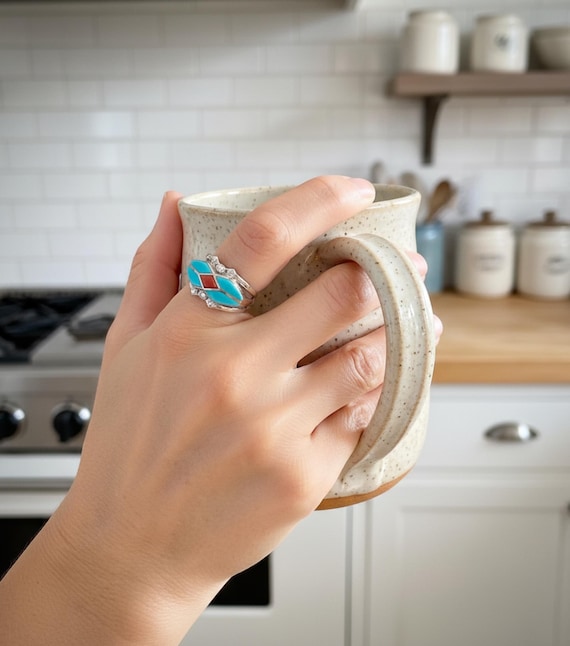 Zuni Turquoise Coral Inlay Band: Sterling Silver Native American Anniversary Wedding Ring Multiple Sizes