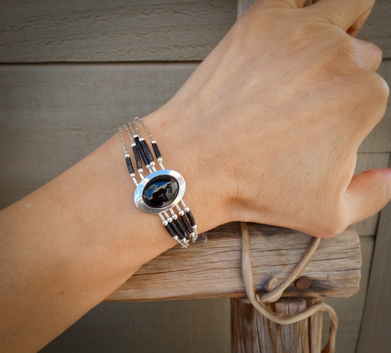 Native Liquid Silver Onyx Women's Multi Strand Bead Bracelet, Gift For Her