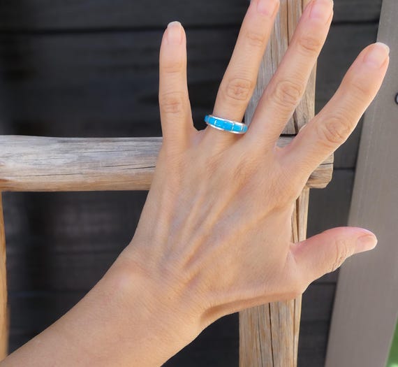Navajo Turquoise Band Ring Sterling Silver Kingman Turquoise Band Ring Size 8.5