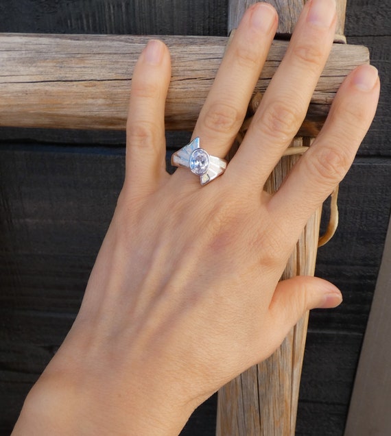 Sterling Silver White Champagne Opal Inlay Ring Size 6.75 - Handmade Women's Solitaire Ring - Gifted Jewelry