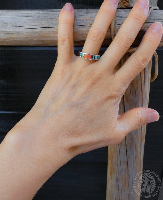 Native American Turquoise Multi Inlay 925 Sterling Silver Band Ring, Stack Ring, Wedding Band Ring, Gifted Jewelry, Unisex Rings