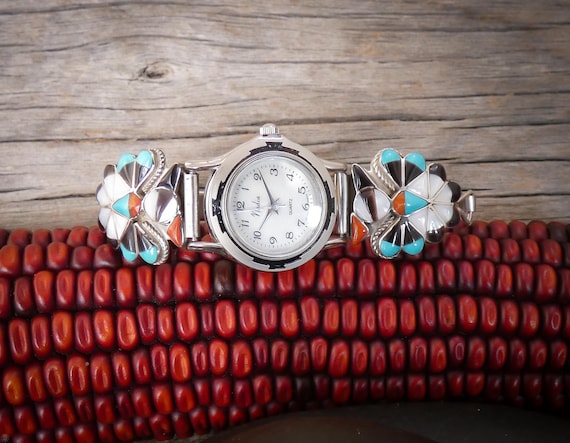 Zuni Sterling Silver Turquoise Coral Multi Inlay Thunderbird Watch For Women