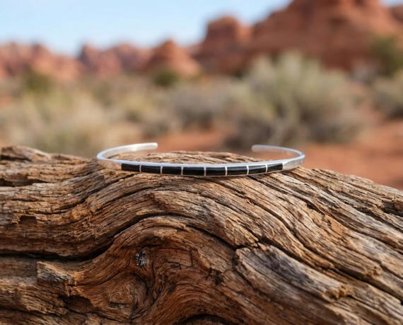 Zuni Onyx Inlay Cuff Bracelet Sterling Silver, Native American