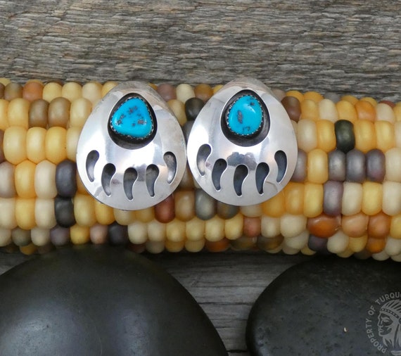 Native American Navajo 925 Sterling Silver Large Bear Paw Shadow Box Turquoise Drop Earrings, Gift For Her
