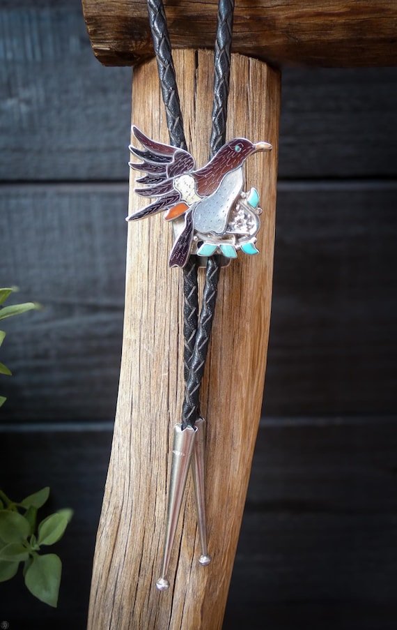 Zuni Sterling Silver Turquoise Multi Inlay Eagle Bolo Tie, Vintage