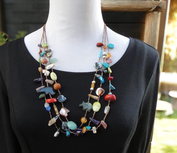 Santo Domingo Turquoise Multi Stone 3 Strand Bead Fetish Layered Necklace For Her