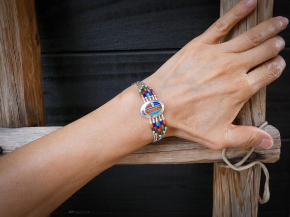 Delicate Liquid Silver Turquoise Multi Inlay Women's Bracelet, Native American, Gifted Jewelry