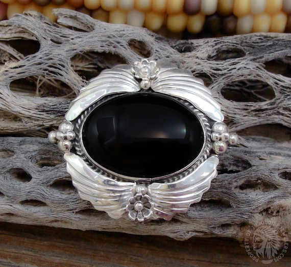 Native American Navajo Onyx 925 Sterling Silver Brooch Pin Pendant