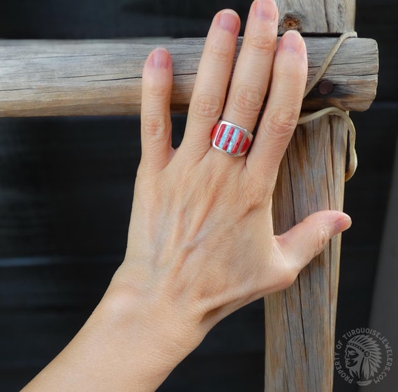 Southwestern 925 Sterling Silver Coral Opal Inlay Band Ring Size 6, Gift For Her, Native Ring