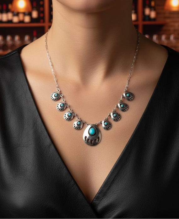 Navajo Turquoise Necklace Gift For Her Sterling Silver Shadow Box Bear Paw Necklace Earrings Set