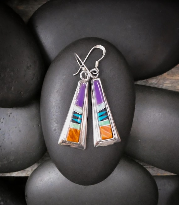 Calvin Begay Navajo Vintage Multi Inlay Silver Dangle Earrings