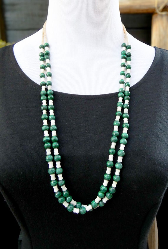Native American Santo Domingo Long Layered Malachite Clam Shell Bead 2 Strand Necklace, Gift For Wife, Gifted Jewelry