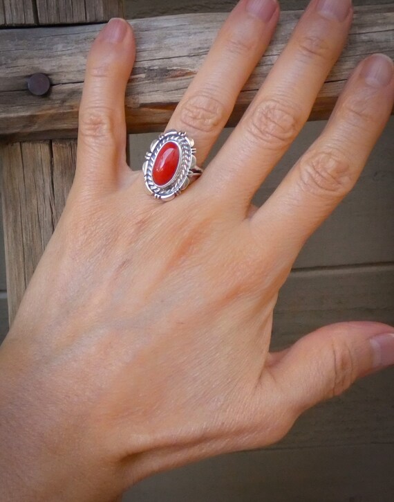 Native American Navajo Red Coral Women's Silver Ring Size 6, Handmade Gift