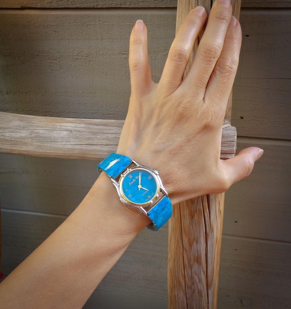 Unisex Turquoise Gold Tone Expansion Watch, Vintage Southwestern Jewelry, Watch Gift For Her