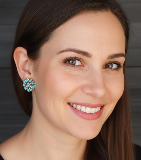 Zuni Sterling Silver Turquoise Clip On Cluster Earrings