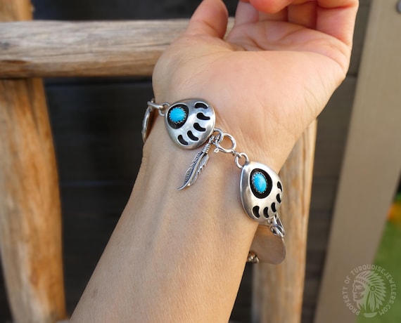 Navajo Silver Turquoise Bear Paw Bracelet: Vintage Native American Sterling Link Bracelet For Women