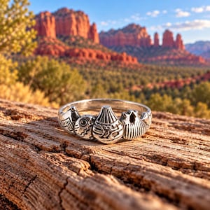 May include: A silver ring featuring a band with a series of raised, textured shapes resembling desert landscape elements, including a central conical form, a circular patterned piece, and jagged mountain-like silhouettes.