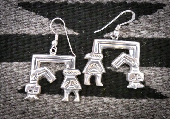 Vintage Navajo Sterling Silver Yei Rainbow Dancer Dangle Earrings