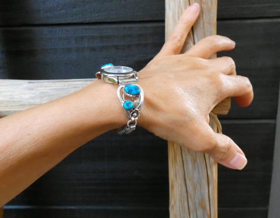 Native American Navajo Turquoise Watch Sterling Silver Watch Band For Women, Gift For Her