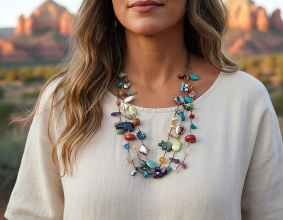 Santo Domingo Turquoise Multi Stone 3 Strand Bead Fetish Layered Necklace For Her