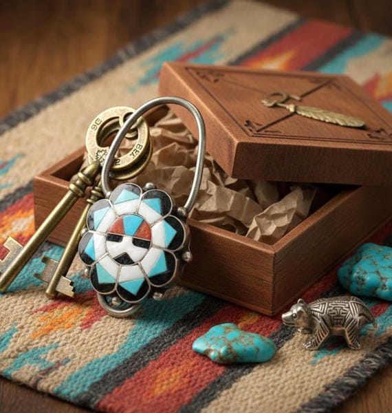 Zuni Sunface Keychain: Native American Sterling Silver Turquoise Multi Inlay