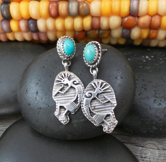 Native American Navajo Turquoise 925 Sterling Silver Kokopelli Dangle Earrings, Gift For Her