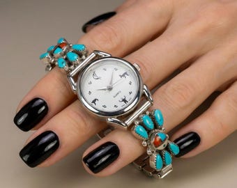 Delicate Zuni Sterling Silver Turquoise Petit Point Sunface Women's Watch Band