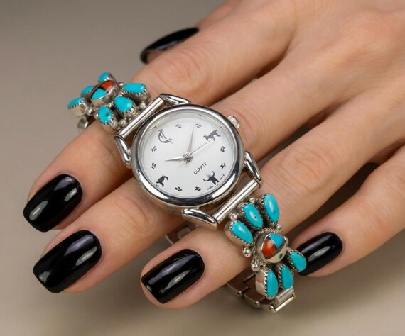 Native American Turquoise Watch Band: Delicate Zuni Sterling Silver Turquoise Petit Point Sunface Women's Watchband