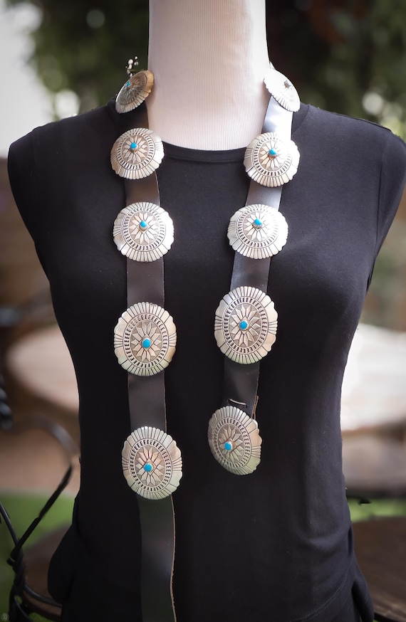 Navajo Sterling Silver Turquoise Leather Concho Belt, Native American Vintage Belt