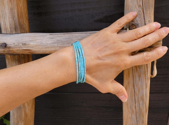 Native American Zuni 5 Strand Heishi Turquoise Bead Bracelet w/ Silver Clasp
