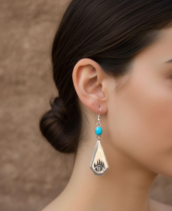 Navajo Turquoise Earrings: Native American Sterling Silver Bear Paw Dangle Earrings For Women