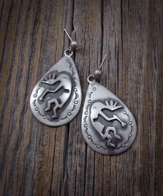 Kokopelli Earrings, Navajo Vintage Sterling Silver Kokopelli Post Dangle Earrings, Native American Handmade, Jewelry Gift