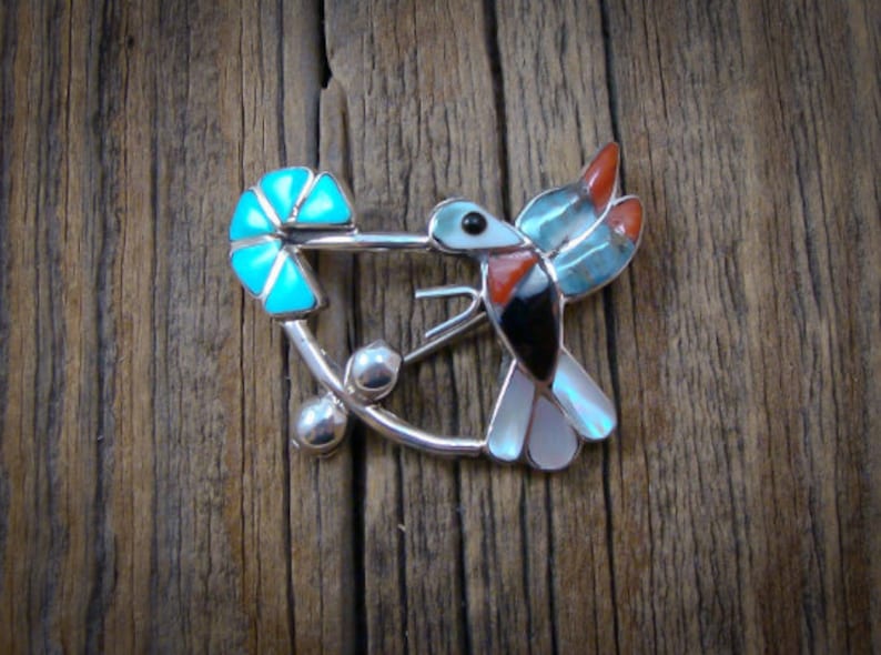 Zuni Sterling Silver Turquoise Multi Stone Hummingbird Brooch Pin Native American Indian Jewelry Hummingbird Pin