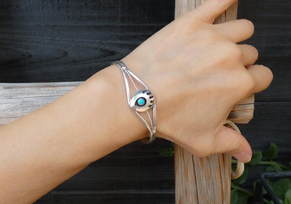Native American Navajo Turquoise Bear Paw Shadow Box Sterling Silver Women's Bracelet