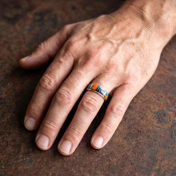 Navajo Turquoise Ring: Native American Men's Silver Spiny Oyster Multi Inlay Ring Multiple Sizes