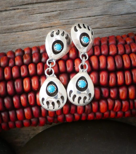 Native American Navajo Turquoise Bear Paw Shadow Box Post Dangle Earrings